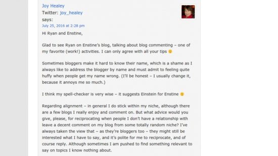 Joy Healey's Blog Comment for Ryan and Enstine